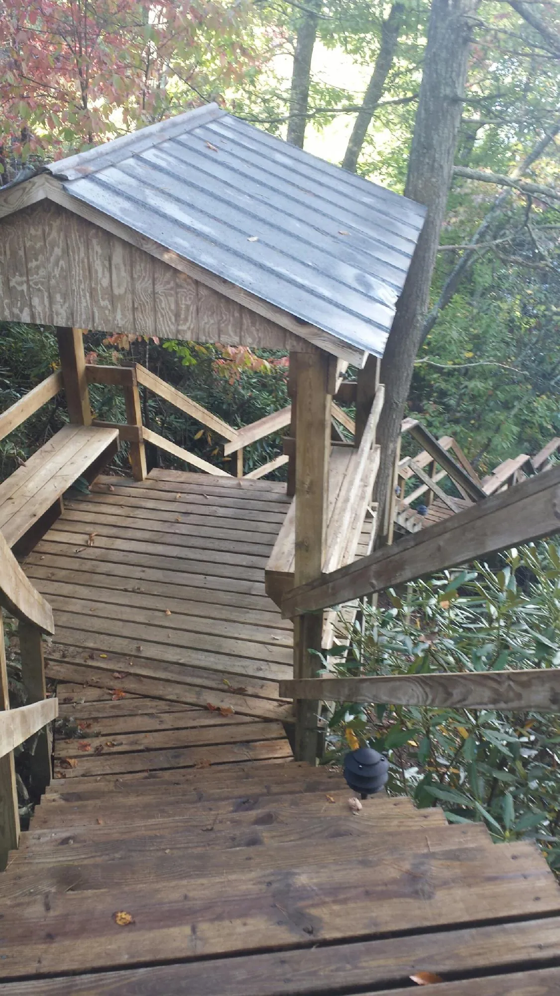 Metal roofed shelter over wooden steps on a wooded walkway — Skylight Repair & Installation work by our crew in Wapakoneta